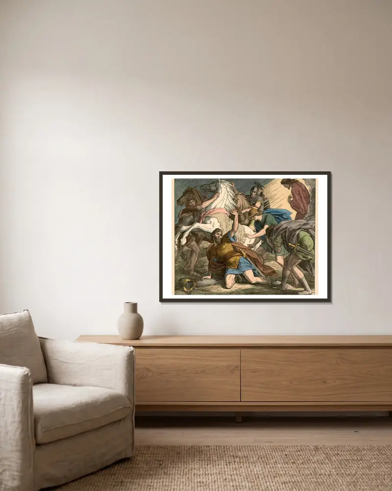 Sauls Bekehrung (Saul’s conversion) av Julius Schnorr von Carolsfeld inramad på en vägg