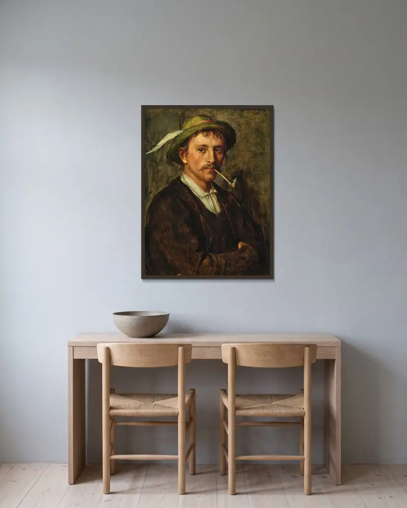 En bondyngling med hatt och pipa av Franz von Defregger inramad på en vägg