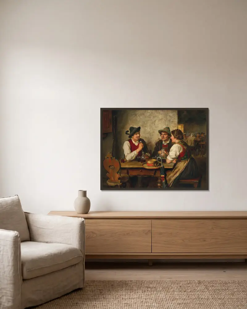 A Scene in a Tavern av Franz von Defregger inramad på en vägg