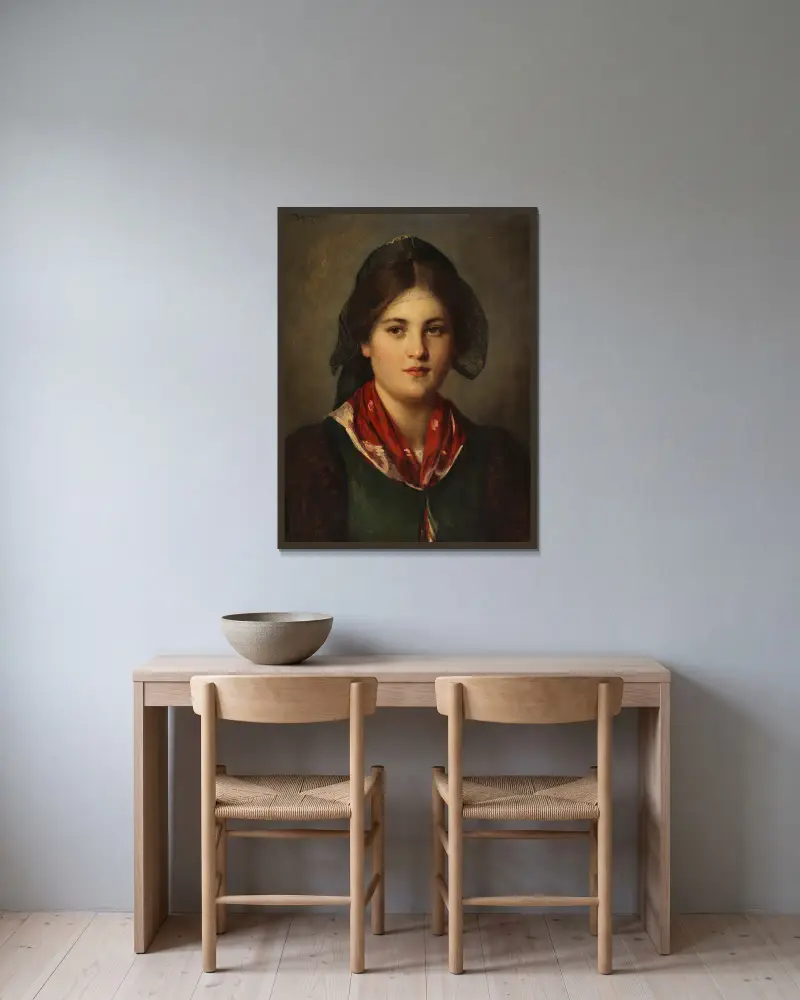 Dirndl mit Spitzenhaube von Franz von Defregger gerahmt an einer Wand