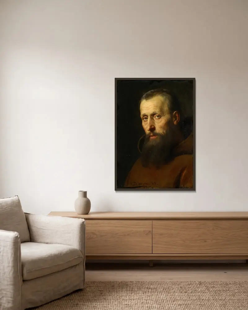 Father Haspinger av Franz von Defregger inramad på en vägg
