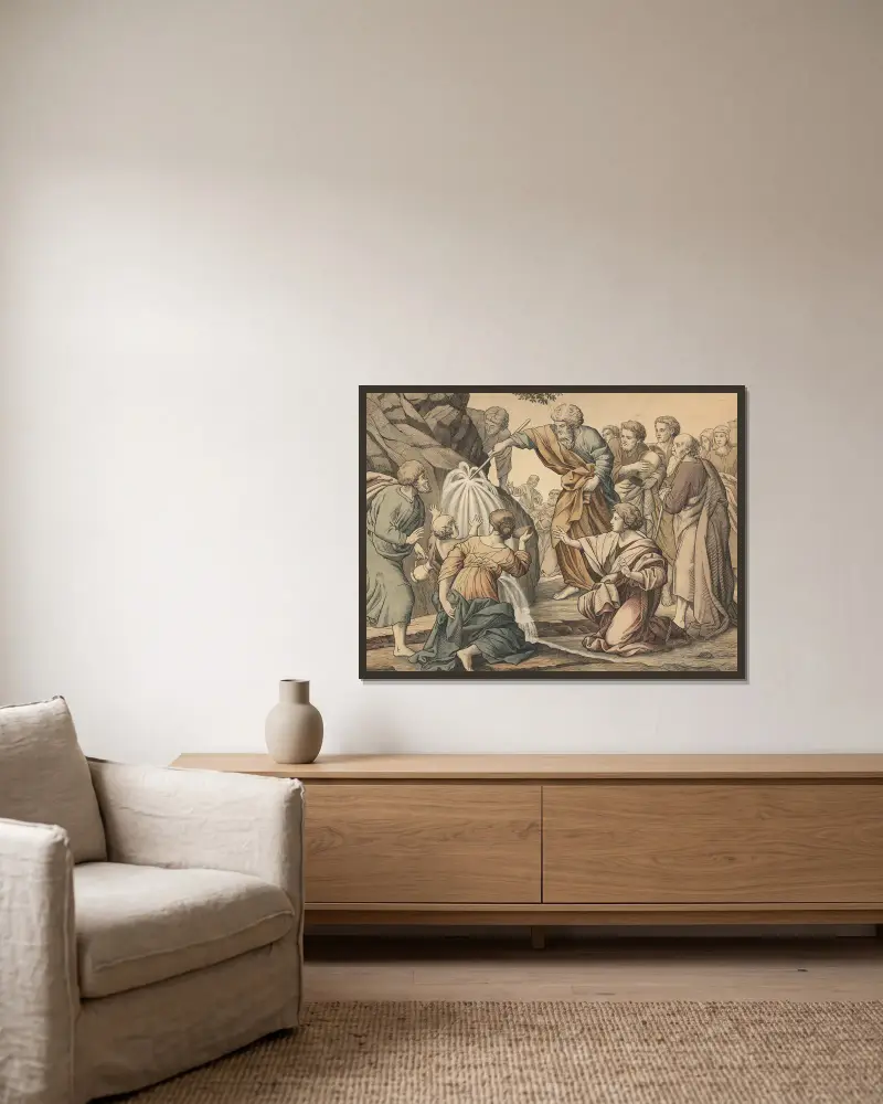 Moses slår vatten ur klippan av Joseph von Führich inramad på en vägg