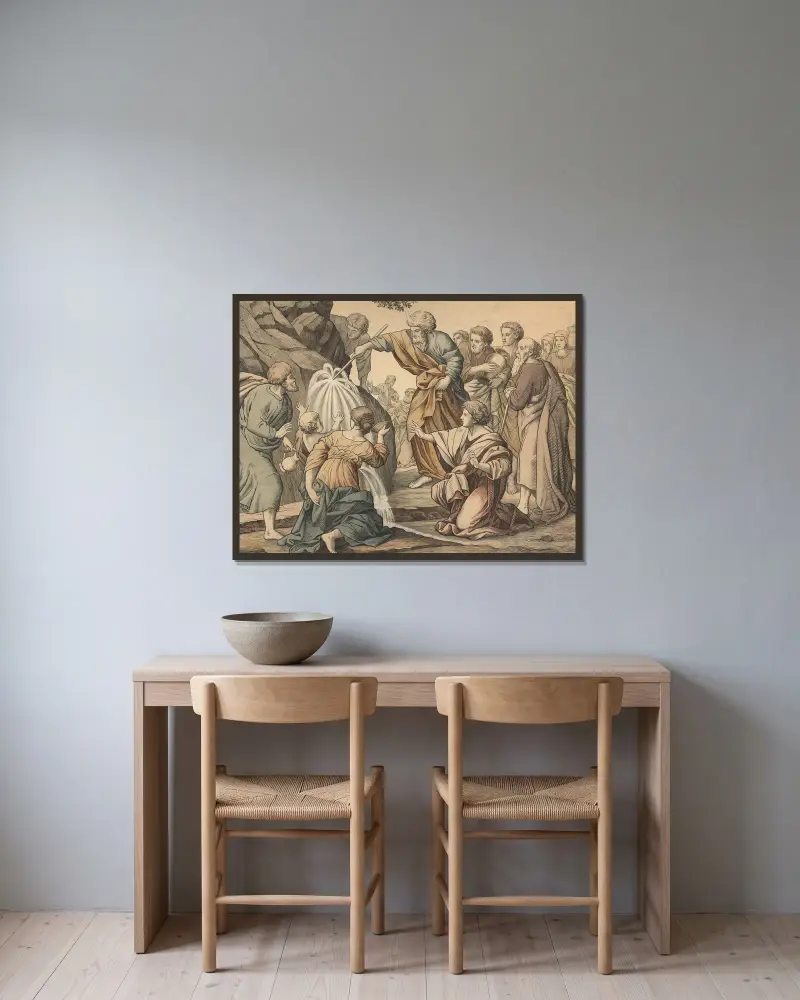 Moses slår vatten ur klippan av Joseph von Führich inramad på en vägg