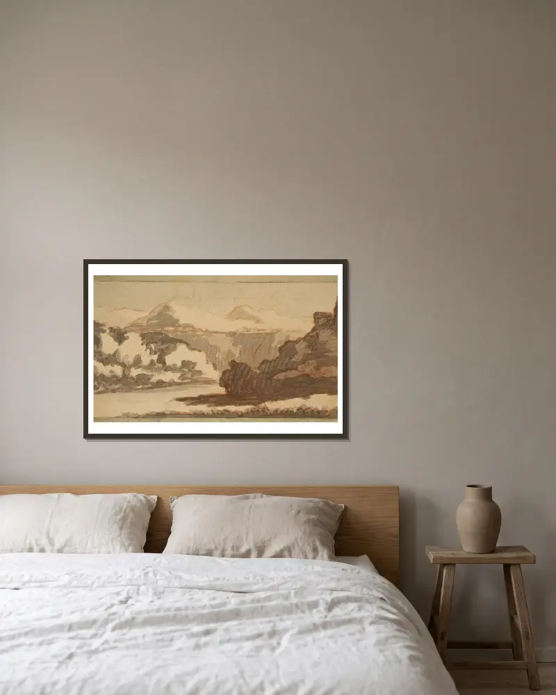 Bergslandskap med flod i förgrunden av Johann Wolfgang Von Goethe inramad på en vägg