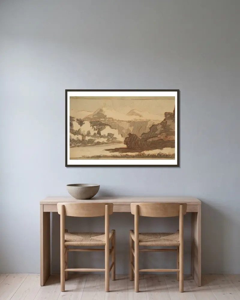 Bergslandskap med flod i förgrunden av Johann Wolfgang Von Goethe inramad på en vägg