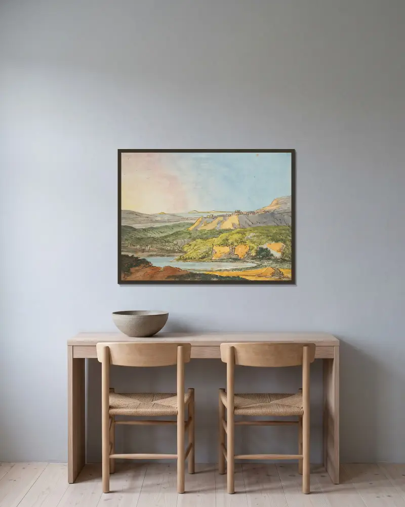 Sydligt landskap vid havet med skogklädda kullar och vatten i förgrunden av Johann Wolfgang Von Goethe inramad på en vägg