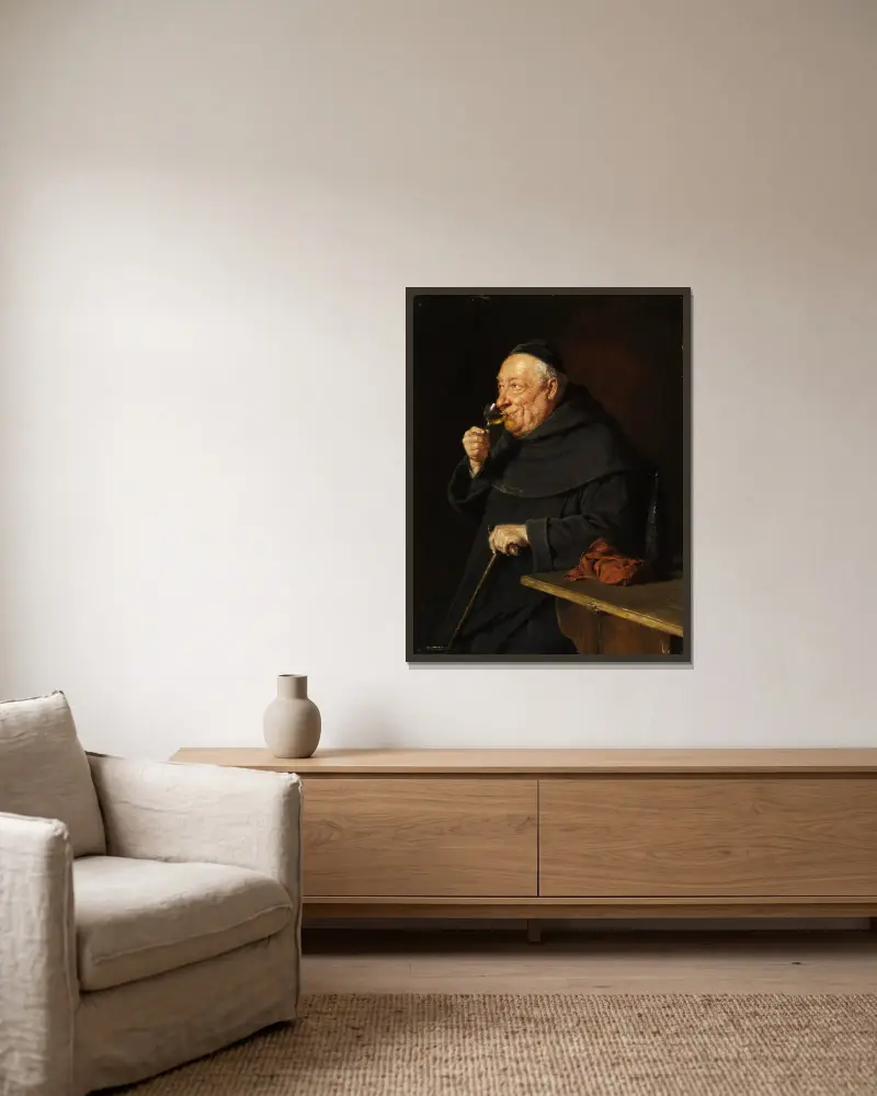 Benediktinermönch mit Wein beim Frühschoppen von Eduard von Grützner gerahmt an einer Wand