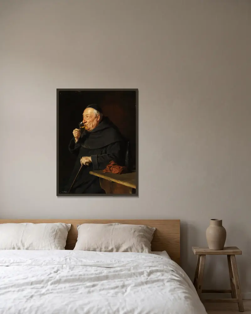 Benediktinermönch mit Wein beim Frühschoppen von Eduard von Grützner gerahmt an einer Wand