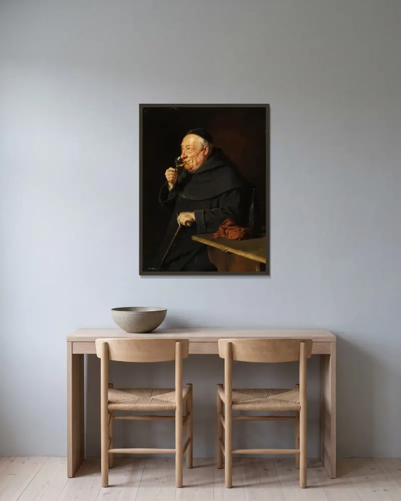 Benediktinermönch mit Wein beim Frühschoppen von Eduard von Grützner gerahmt an einer Wand