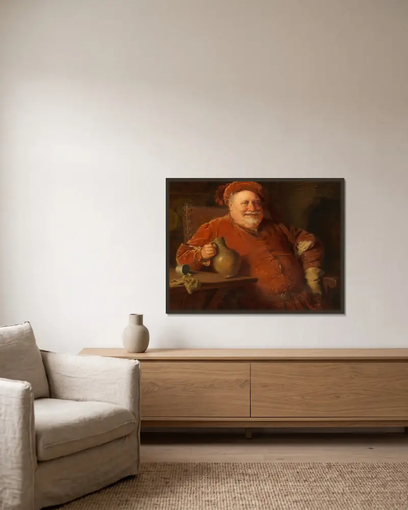 Falstaff med krus och tärningsspel av Eduard von Grützner inramad på en vägg