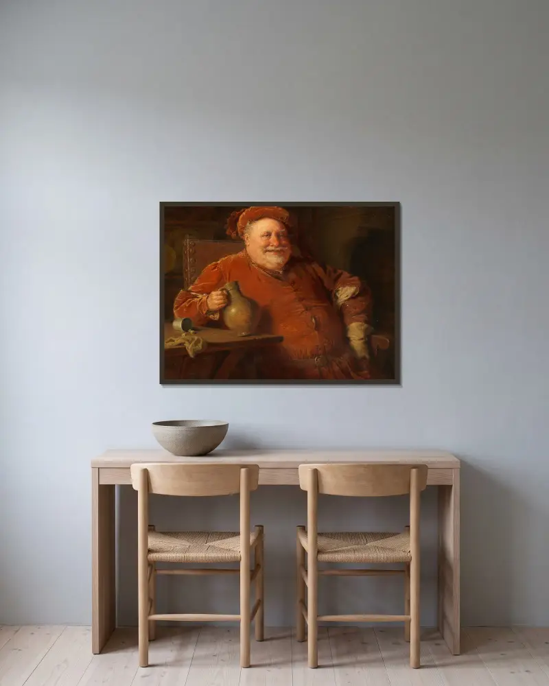 Falstaff med krus och tärningsspel av Eduard von Grützner inramad på en vägg