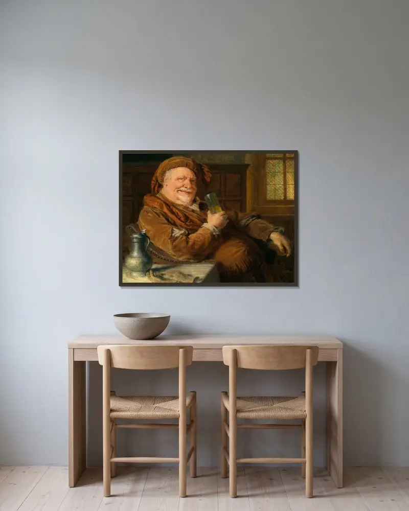 Falstaff med tennkanna och vinglas av Eduard von Grützner inramad på en vägg