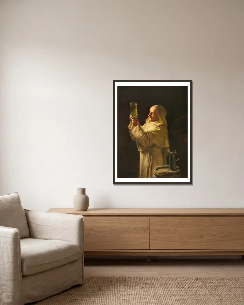 Kellermeister mit weißer Kutte von Eduard von Grützner gerahmt an einer Wand