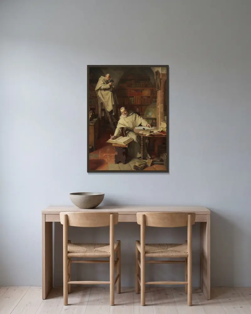 Klosterbibliothek av Eduard von Grützner inramad på en vägg