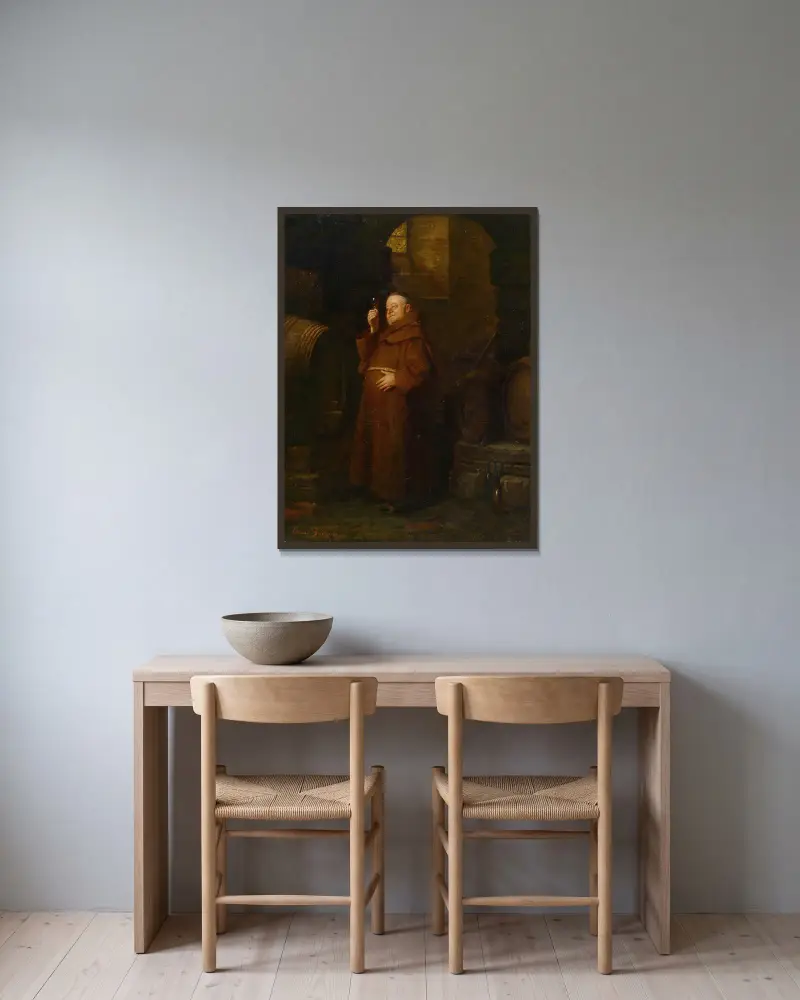 Mönch bei der Weinprobe av Eduard von Grützner inramad på en vägg