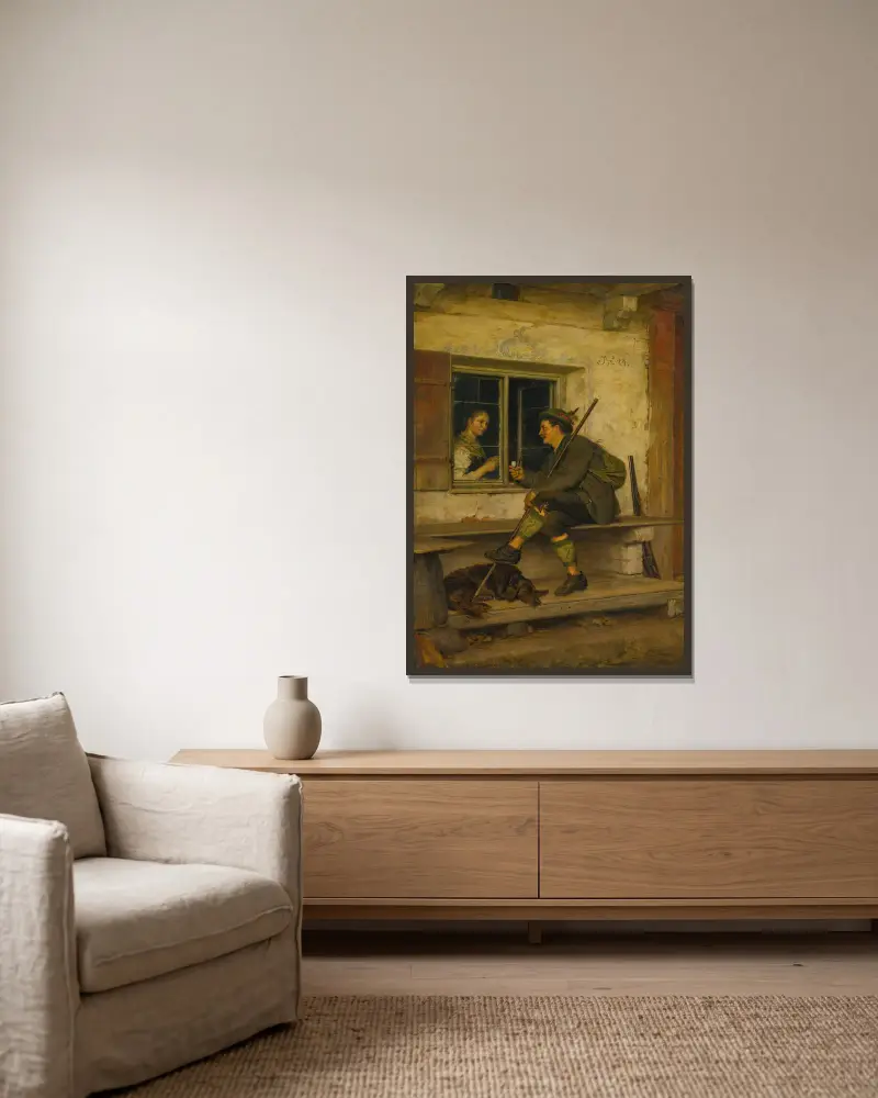 Der Tiroler Wanderer von Eduard von Grützner gerahmt an einer Wand