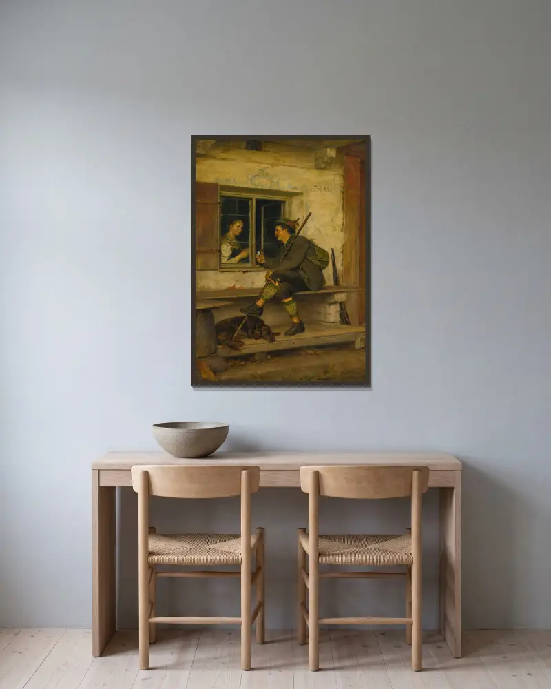 Der Tiroler Wanderer von Eduard von Grützner gerahmt an einer Wand