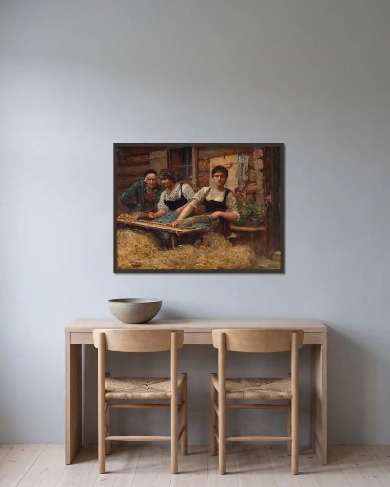 Carding Wool av Sir Hubert von Herkomer inramad på en vägg
