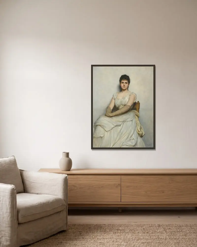 Miss Katherine Grant (Die Dame in Weiß) von Sir Hubert von Herkomer gerahmt an einer Wand