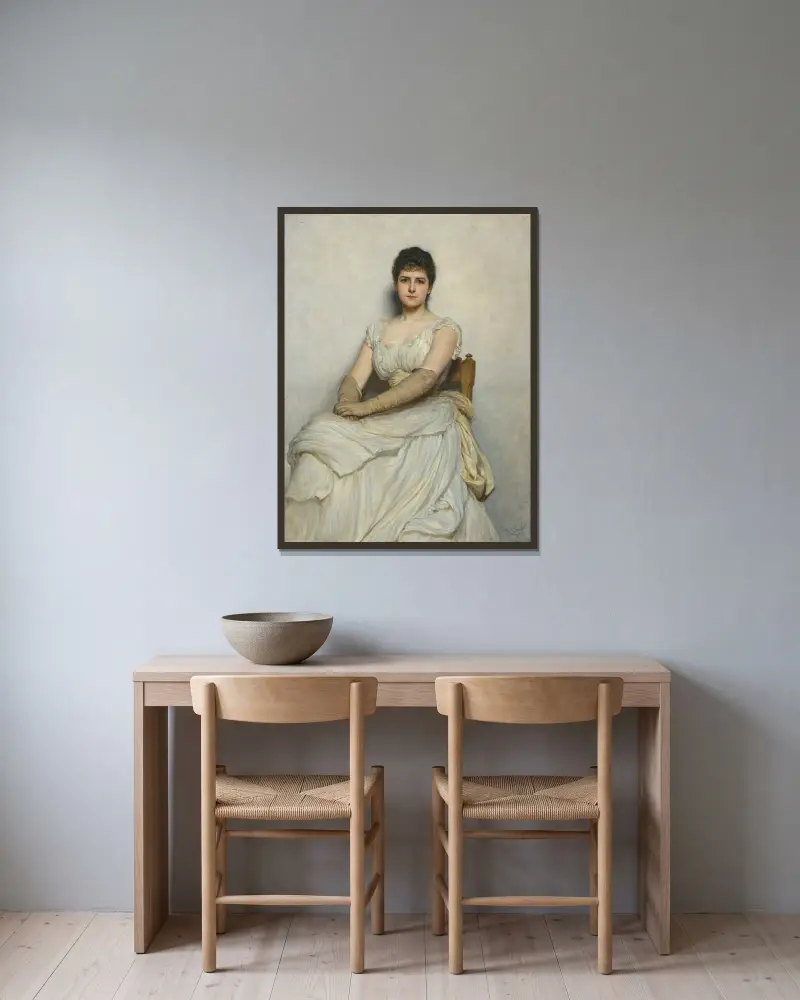 Miss Katherine Grant (Die Dame in Weiß) von Sir Hubert von Herkomer gerahmt an einer Wand