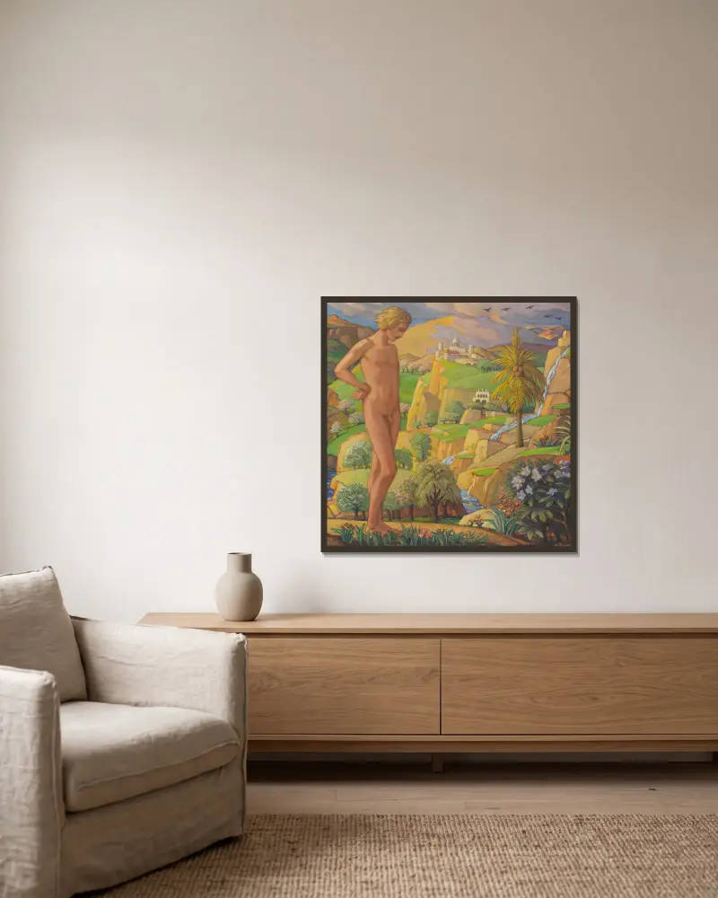 Die Zauberinsel von Ludwig von Hofmann gerahmt an einer Wand