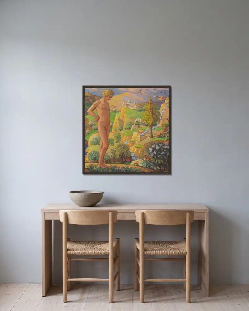 Die Zauberinsel von Ludwig von Hofmann gerahmt an einer Wand