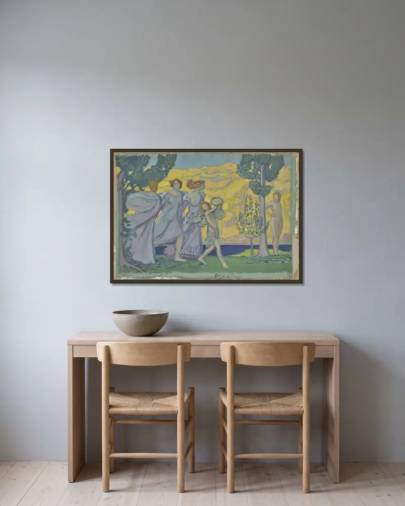 Tre dansande flickor och tamburinspelare av Ludwig von Hofmann inramad på en vägg