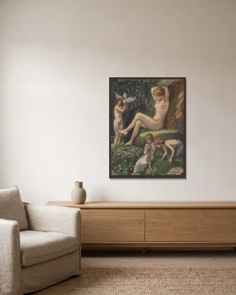 Frühlingsidylle mit Badender und Blumenkindern von Ludwig von Hofmann gerahmt an einer Wand