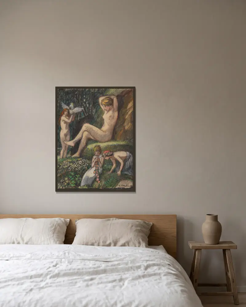 Frühlingsidylle mit Badender und Blumenkindern von Ludwig von Hofmann gerahmt an einer Wand
