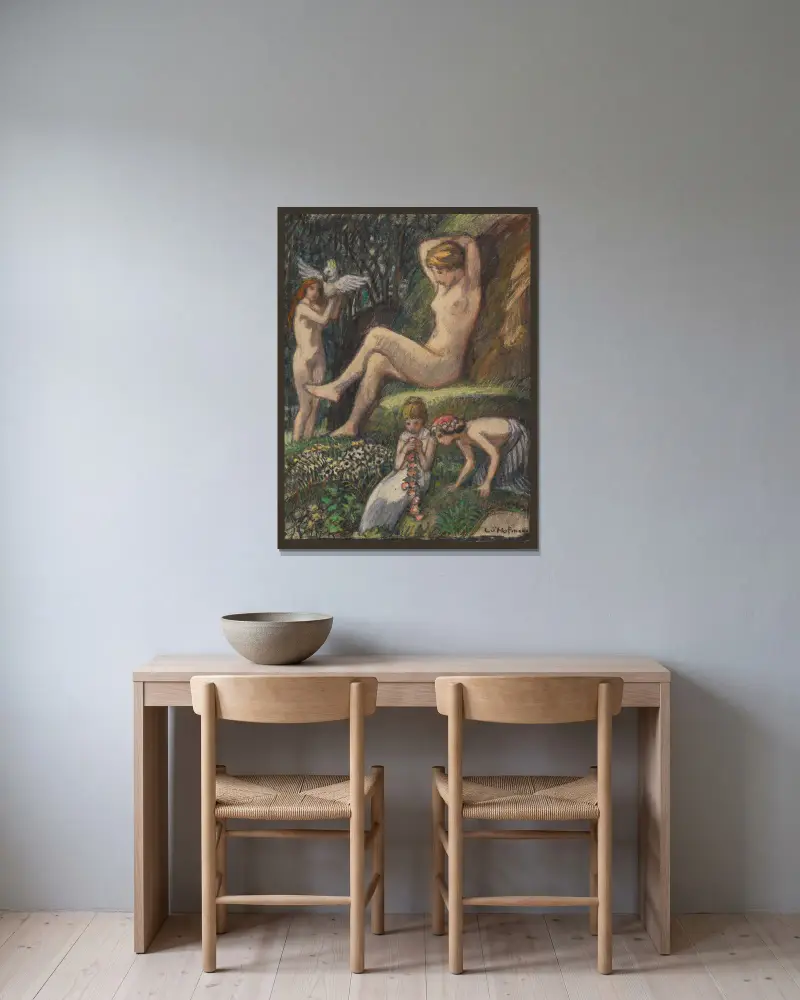 Frühlingsidylle mit Badender und Blumenkindern von Ludwig von Hofmann gerahmt an einer Wand