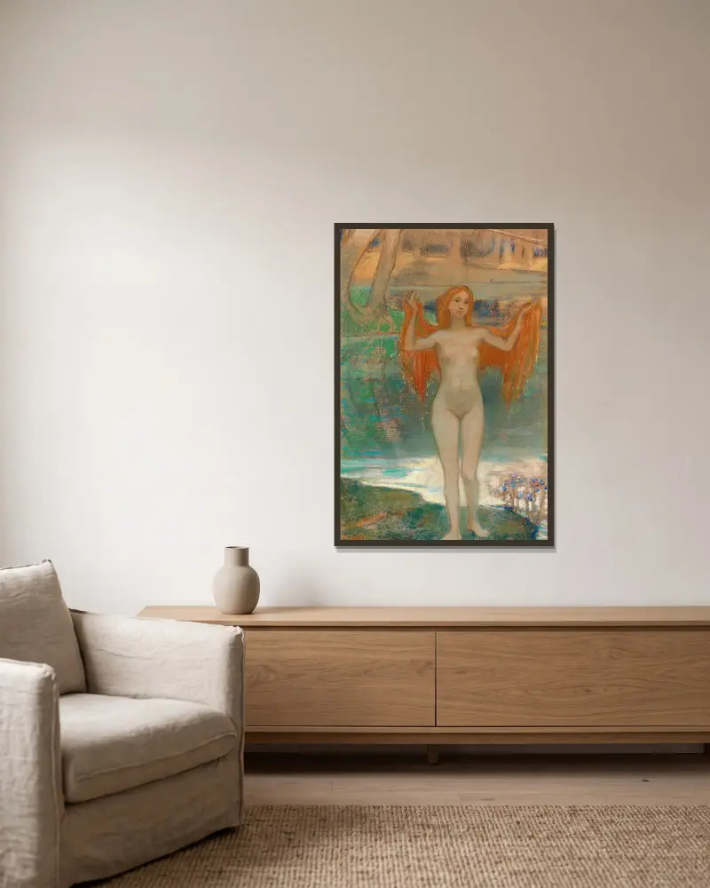 Mädchen am Seeufer av Ludwig von Hofmann inramad på en vägg