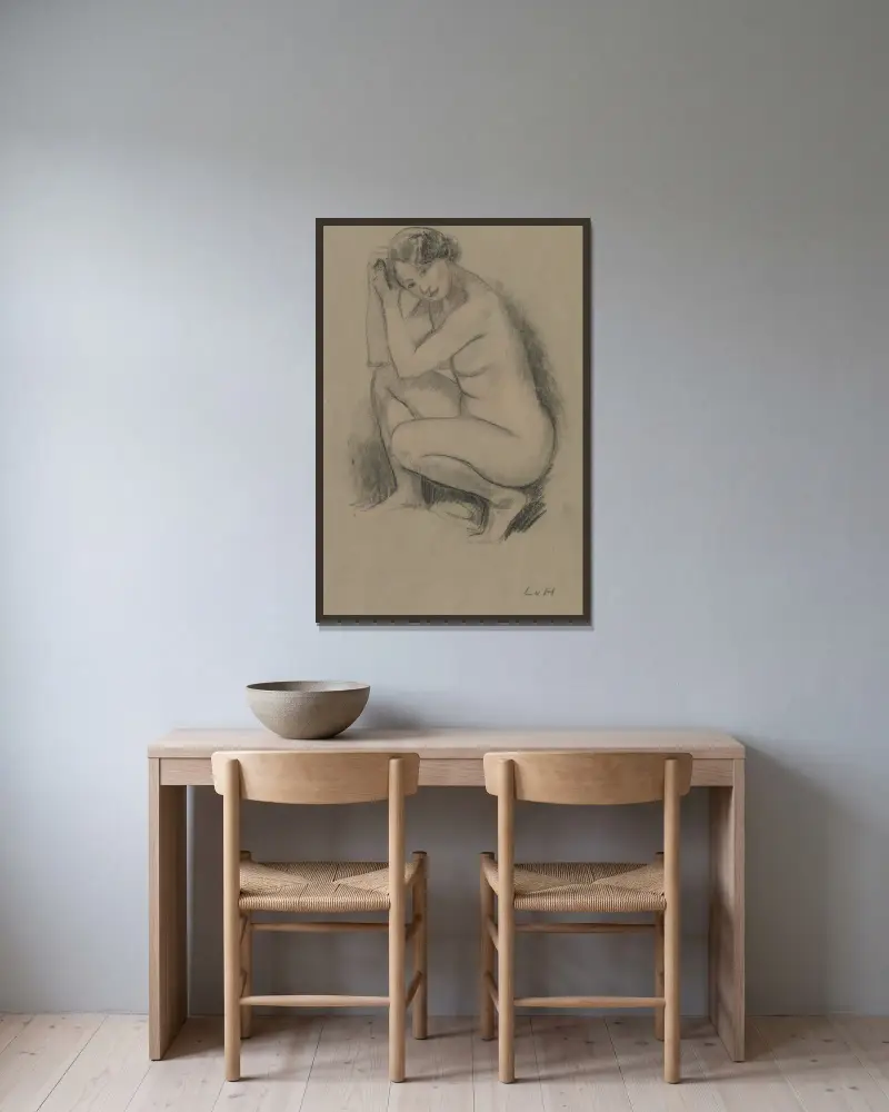 Naken hukande flicka av Ludwig von Hofmann inramad på en vägg