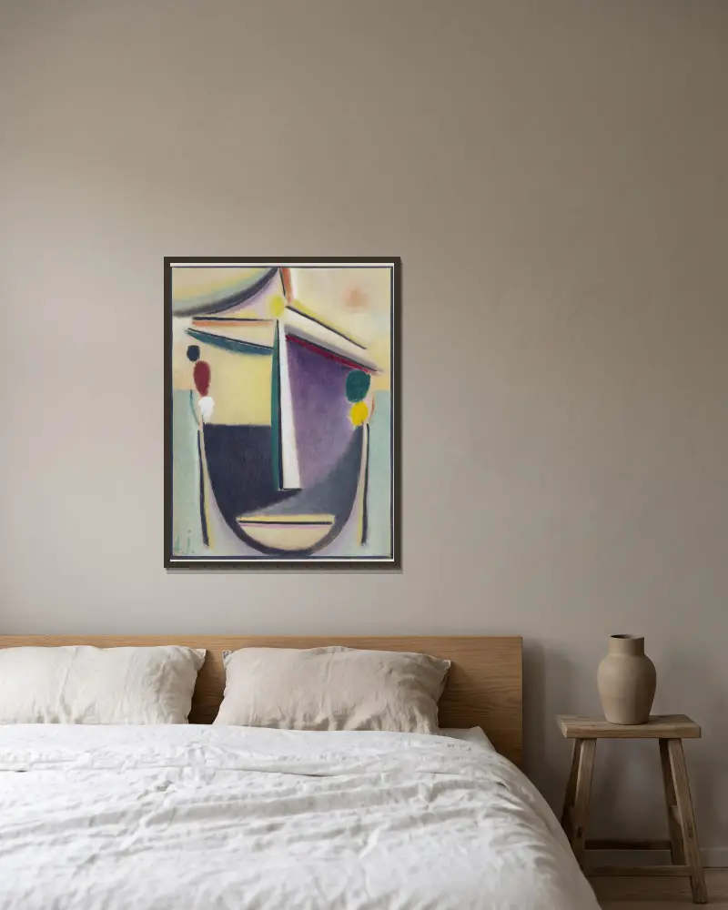 Abstrakt huvud, svart-gult-lila av Alexej von Jawlensky inramad på en vägg