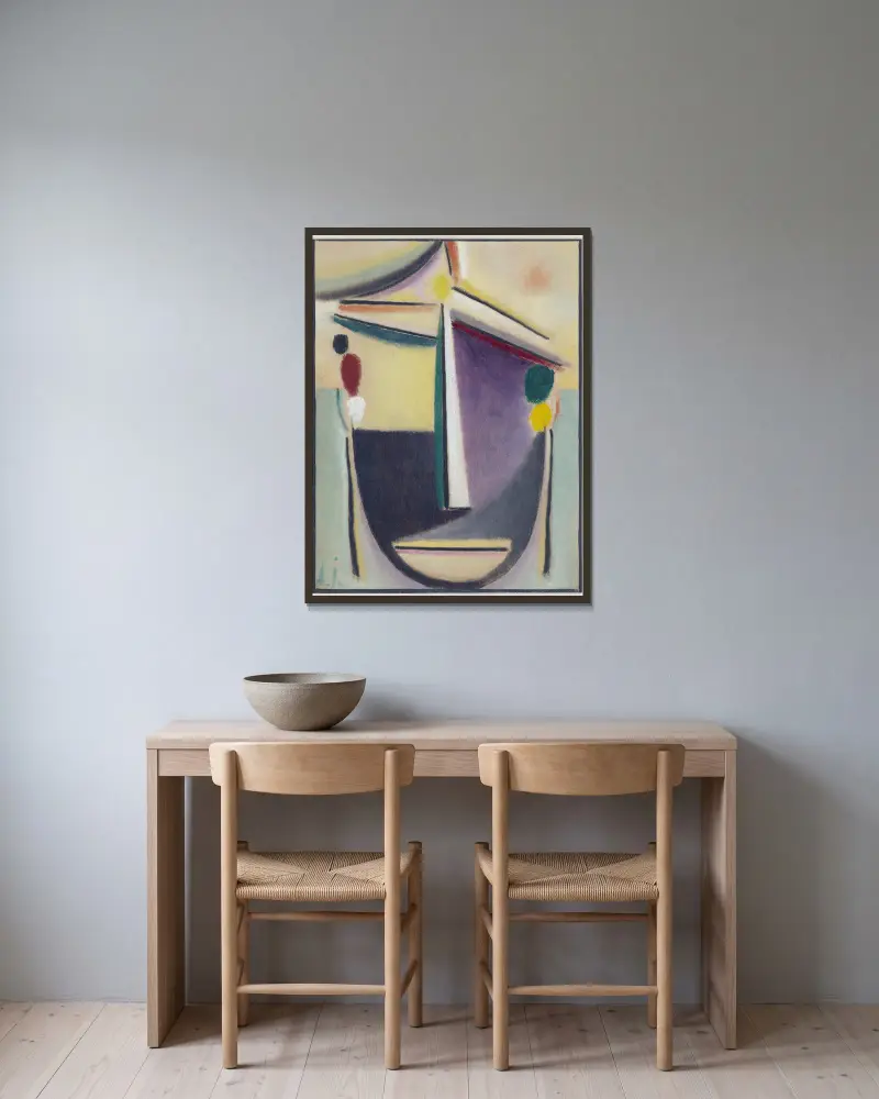 Abstrakt huvud, svart-gult-lila av Alexej von Jawlensky inramad på en vägg