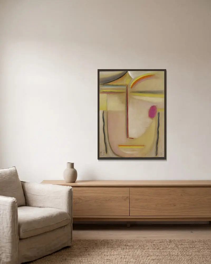 Abstrakt huvud, guld och rosa av Alexej von Jawlensky inramad på en vägg