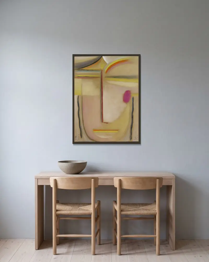 Abstrakt huvud, guld och rosa av Alexej von Jawlensky inramad på en vägg