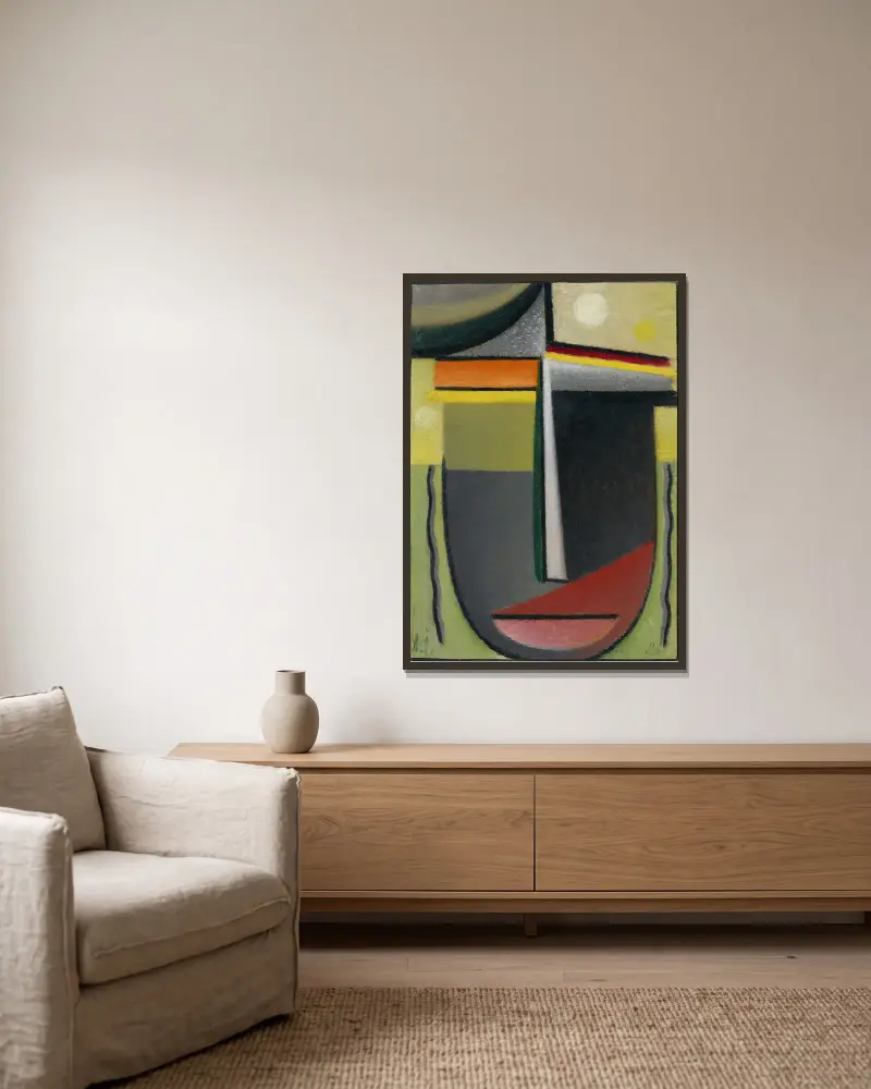 Abstrakt huvud, inre syn grön-guld av Alexej von Jawlensky inramad på en vägg