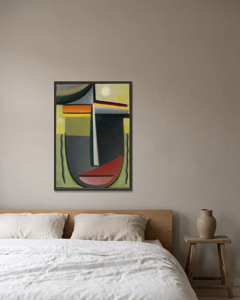 Abstrakt huvud, inre syn grön-guld av Alexej von Jawlensky inramad på en vägg