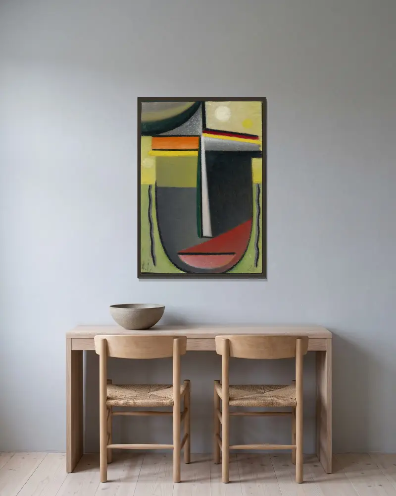 Abstrakt huvud, inre syn grön-guld av Alexej von Jawlensky inramad på en vägg
