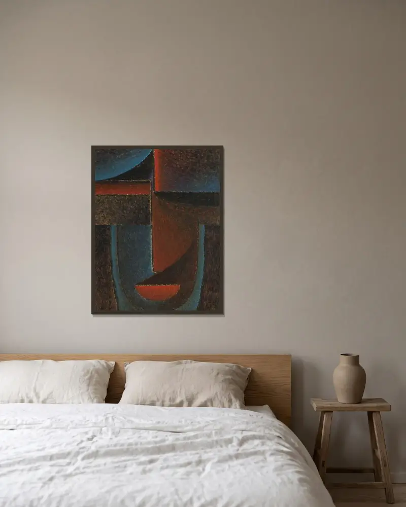 Abstrakt huvud; blått-rött av Alexej von Jawlensky inramad på en vägg