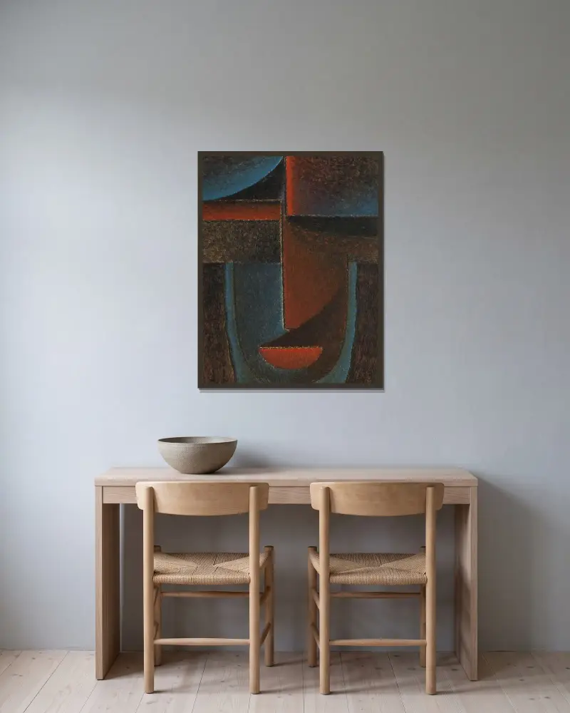 Abstrakt huvud; blått-rött av Alexej von Jawlensky inramad på en vägg