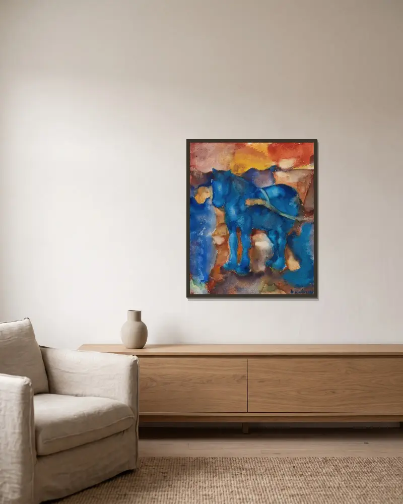 Blaues Pferd av Alexej von Jawlensky inramad på en vägg