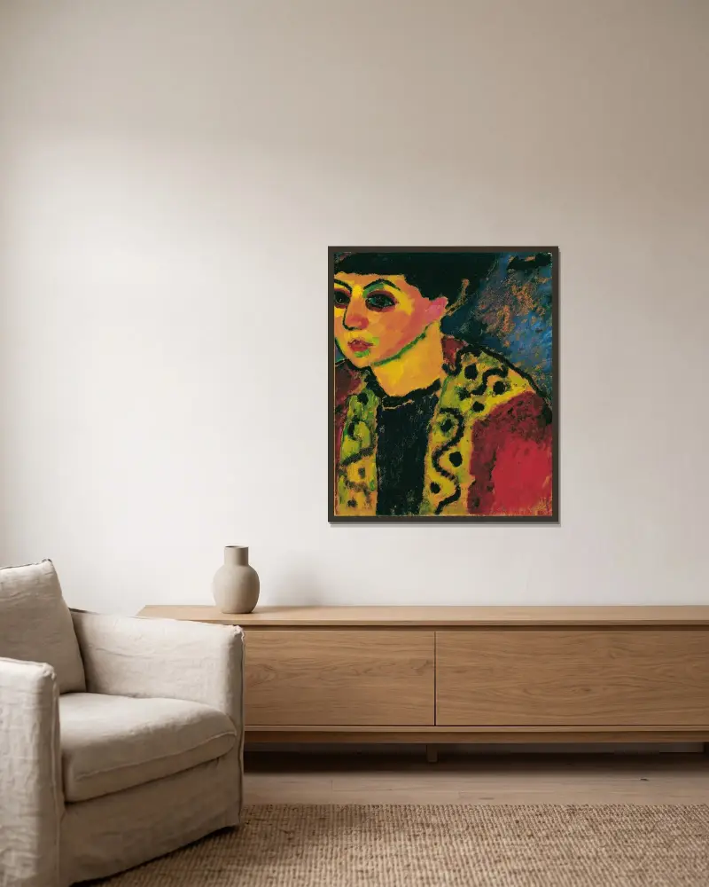 Dam mot blå bakgrund av Alexej von Jawlensky inramad på en vägg