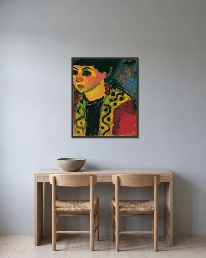 Dam mot blå bakgrund av Alexej von Jawlensky inramad på en vägg