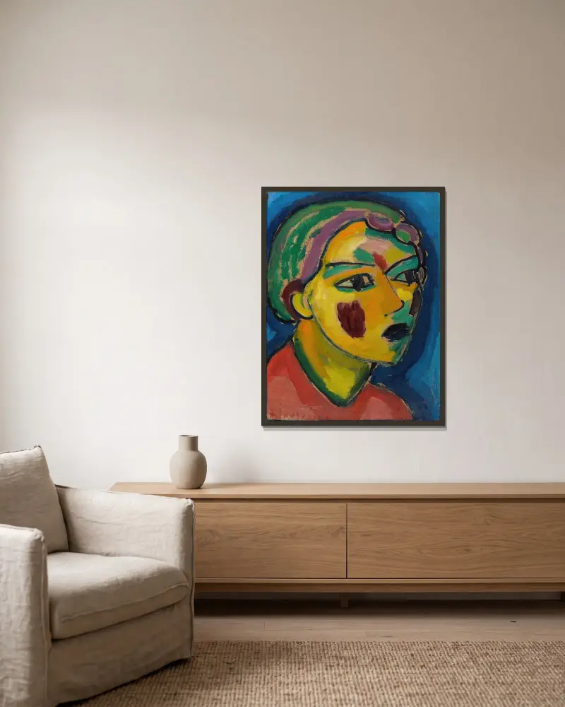 Dichterin (Mystischer Kopf) av Alexej von Jawlensky inramad på en vägg