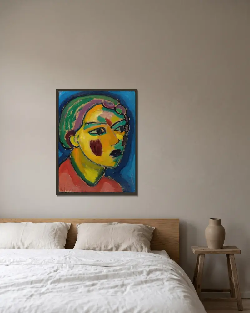 Dichterin (Mystischer Kopf) av Alexej von Jawlensky inramad på en vägg