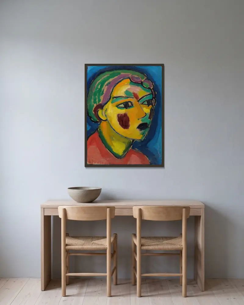 Dichterin (Mystischer Kopf) av Alexej von Jawlensky inramad på en vägg