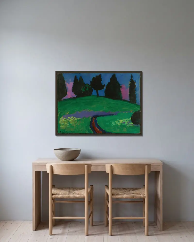 Mörka träd över grön sluttning av Alexej von Jawlensky inramad på en vägg