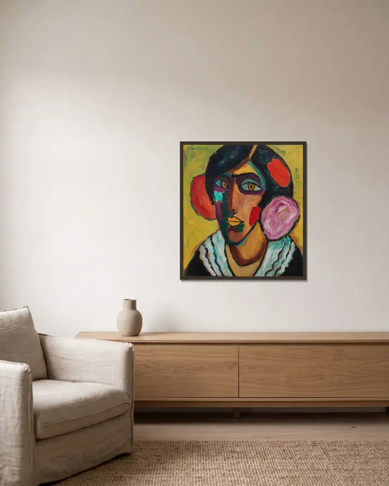 Frauenkopf mit Blumen im Haar von Alexej von Jawlensky gerahmt an einer Wand