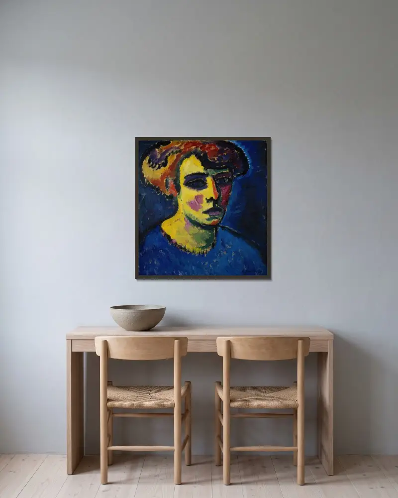 Kvinnohuvud av Alexej von Jawlensky inramad på en vägg